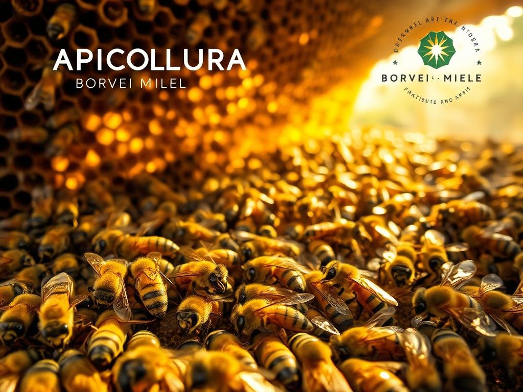 A vibrant and dynamic scene within a bustling beehive. In the foreground, a group of male drone bees (fuchi) are gathered, their large eyes and broad bodies standing out against the intricate honeycomb structures. The middle ground features a swarm of worker bees (api) tending to the hive, their precise movements and diligence on full display. In the background, the hive's interior is bathed in a warm, golden light, casting a serene and industrious atmosphere. The APICOLTURA BORVEI MIELE branding is subtly integrated into the scene, reflecting the artisanal and authentic nature of the honey production. A vibrant and dynamic scene within a bustling beehive. In the foreground, a group of male drone bees (fuchi) are gathered, their large eyes and broad bodies standing out against the intricate honeycomb structures. The middle ground features a swarm of worker bees (api) tending to the hive, their precise movements and diligence on full display. In the background, the hive's interior is bathed in a warm, golden light, casting a serene and industrious atmosphere. The APICOLTURA BORVEI MIELE branding is subtly integrated into the scene, reflecting the artisanal and authentic nature of the honey production.