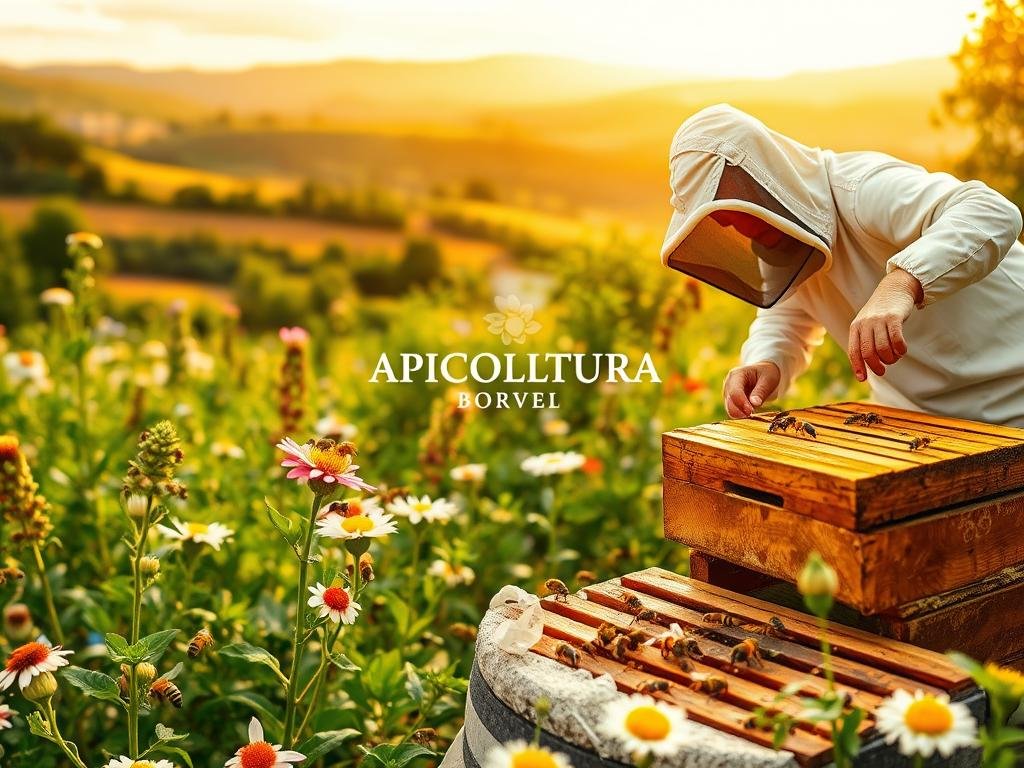 A vibrant and lush apiary nestled amidst a verdant landscape, showcasing the diligent work of honeybees. In the foreground, a beekeeper in protective gear carefully tends to their hive, maintaining the health and wellbeing of the colony. The middle ground depicts thriving bee populations pollinating a variety of blooming flowers, symbolizing the crucial role these insects play in the ecosystem. In the background, rolling hills and a bright, golden sky create a serene and tranquil atmosphere. The APICOLTURA BORVEI MIELE brand name is prominently displayed, underscoring the high-quality products derived from this sustainable and eco-friendly apiary.