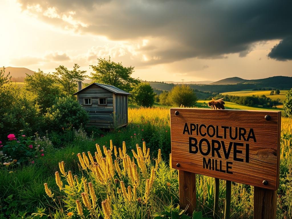 A vibrant apiary nestled amidst lush greenery, with busy honeybees pollinating a flourishing field of wildflowers. The scene is bathed in warm, golden light, casting long shadows across the landscape. In the foreground, a weathered wooden sign proudly displays the brand name "APICOLTURA BORVEI MIELE". In the background, ominous storm clouds gather, hinting at the challenges posed by climate change. The image conveys the delicate balance between traditional apiculture and the pressing environmental concerns of our time. A vibrant apiary nestled amidst lush greenery, with busy honeybees pollinating a flourishing field of wildflowers. The scene is bathed in warm, golden light, casting long shadows across the landscape. In the foreground, a weathered wooden sign proudly displays the brand name "APICOLTURA BORVEI MIELE". In the background, ominous storm clouds gather, hinting at the challenges posed by climate change. The image conveys the delicate balance between traditional apiculture and the pressing environmental concerns of our time.