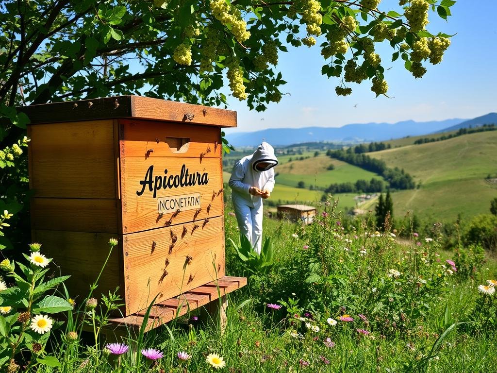 A vibrant apiary nestled amidst rolling Italian hills, sun-dappled and teeming with industrious honeybees. In the foreground, a wooden beehive with the Apicoltura brand emblazoned on its side. Surrounding it, lush greenery and wildflowers in bloom, creating a serene and harmonious scene. In the middle ground, a beekeeper in protective gear tending to the hive, their movements graceful and purposeful. The background features a picturesque landscape, with distant mountains and a clear, azure sky. The overall atmosphere conveys a sense of tranquility, sustainability, and the delicate balance between humans and the natural world.