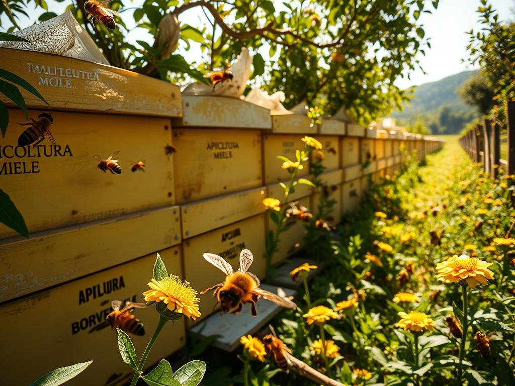 A vibrant apiary nestled in the Italian countryside, where honeybees diligently navigate their intricate flight paths. Sunlight dapples the lush foliage, casting a warm glow over the hives adorned with the logo "APICOLTURA BORVEI MIELE". Bees dart between blooming flowers, their wings a blur as they collect precious nectar, etching their routes into memory. In the foreground, a worker bee emerges from a hive, its compound eyes scanning the environment, while in the distance, others can be seen returning laden with their haul. The scene conveys the industrious nature of these remarkable insects, their ability to remember and revisit the sources of their sustenance. A vibrant apiary nestled in the Italian countryside, where honeybees diligently navigate their intricate flight paths. Sunlight dapples the lush foliage, casting a warm glow over the hives adorned with the logo "APICOLTURA BORVEI MIELE". Bees dart between blooming flowers, their wings a blur as they collect precious nectar, etching their routes into memory. In the foreground, a worker bee emerges from a hive, its compound eyes scanning the environment, while in the distance, others can be seen returning laden with their haul. The scene conveys the industrious nature of these remarkable insects, their ability to remember and revisit the sources of their sustenance.