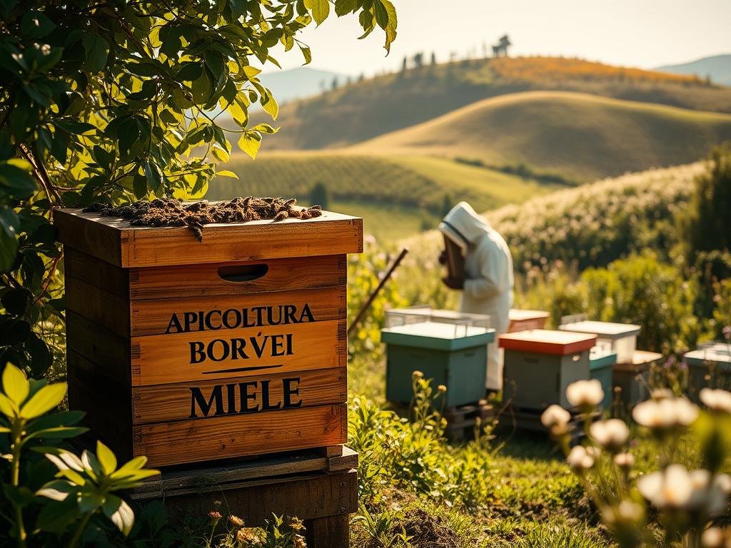 A vibrant apiary nestled in the rolling Italian countryside, sunlight filtering through lush foliage. In the foreground, a wooden beehive emblazoned with the APICOLTURA BORVEI MIELE brand, its busy inhabitants tending to their honey production. The middle ground reveals a beekeeper, clad in a protective suit, carefully tending to the hives. In the distance, a picturesque hilltop dotted with wildflowers, creating a serene, pastoral atmosphere. The scene is bathed in a warm, golden glow, capturing the beauty and tranquility of the apicoltura industry in Italy.