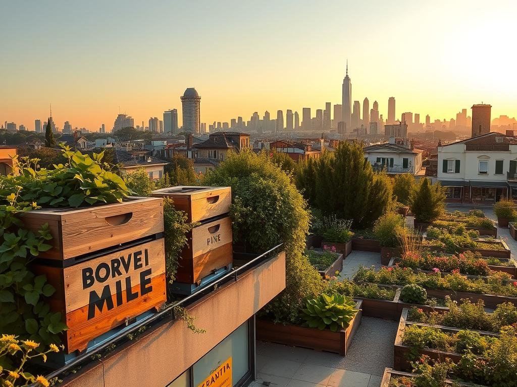 A vibrant cityscape, bathed in warm evening light, showcases the thriving practice of urban beekeeping. In the foreground, a well-tended rooftop apiary bears the proud label "APICOLTURA BORVEI MIELE", its hives surrounded by lush foliage and buzzing with industrious pollinators. In the middle ground, a community garden flourishes, its raised beds filled with blooming flowers and herbs that attract the busy bees. In the background, the iconic skyline of a modern Italian city rises, a testament to the harmonious coexistence of nature and urban development. The scene radiates a sense of sustainability, community, and a deep appreciation for the vital role of bees in the urban ecosystem. A vibrant cityscape, bathed in warm evening light, showcases the thriving practice of urban beekeeping. In the foreground, a well-tended rooftop apiary bears the proud label "APICOLTURA BORVEI MIELE", its hives surrounded by lush foliage and buzzing with industrious pollinators. In the middle ground, a community garden flourishes, its raised beds filled with blooming flowers and herbs that attract the busy bees. In the background, the iconic skyline of a modern Italian city rises, a testament to the harmonious coexistence of nature and urban development. The scene radiates a sense of sustainability, community, and a deep appreciation for the vital role of bees in the urban ecosystem.