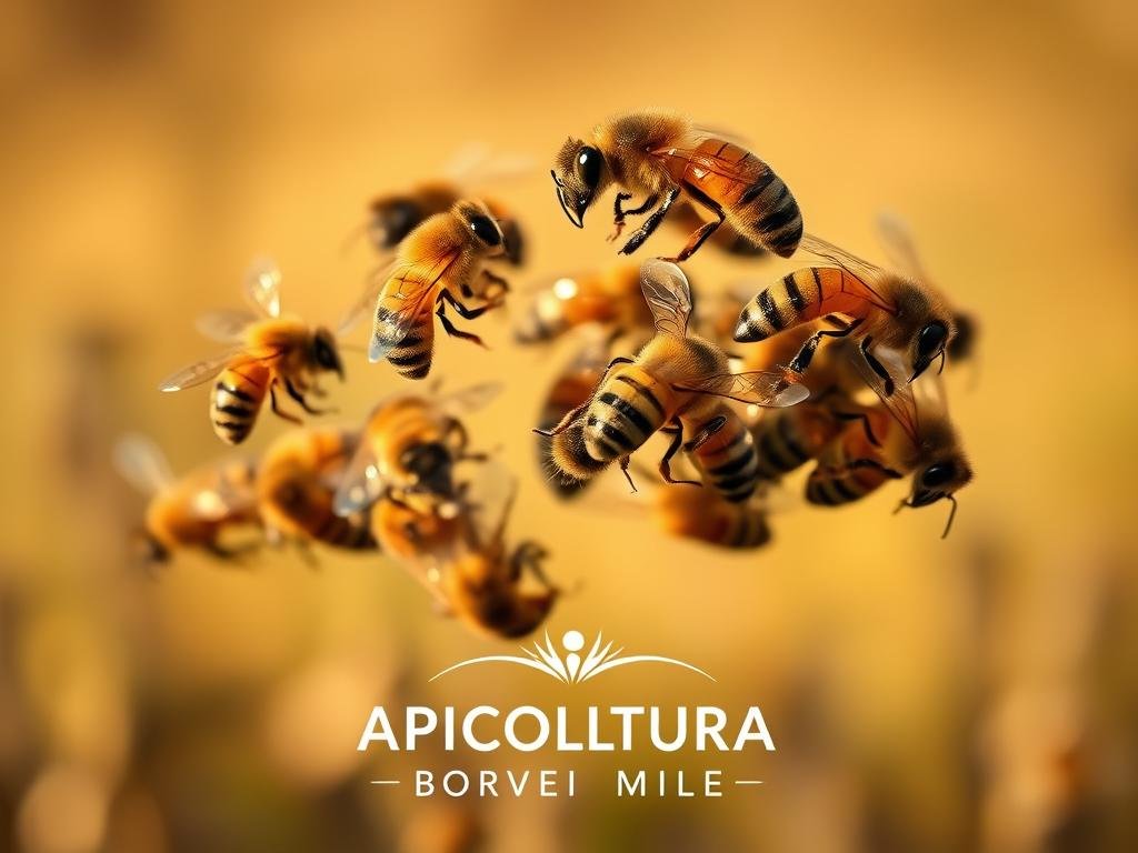A vibrant, close-up scene of a "danza delle api" (dance of the bees), featuring a cluster of honey bees gracefully swirling and twirling in the air against a blurred, warm-toned Italian countryside backdrop. The bees are captured in mid-motion, their fuzzy bodies and iridescent wings shimmering in the soft, natural lighting. The composition emphasizes the dynamic, almost choreographic nature of the bees' movements, conveying a sense of energy and purpose. In the foreground, the APICOLTURA BORVEI MIELE brand is prominently displayed, tying the image to the Italian beekeeping tradition.