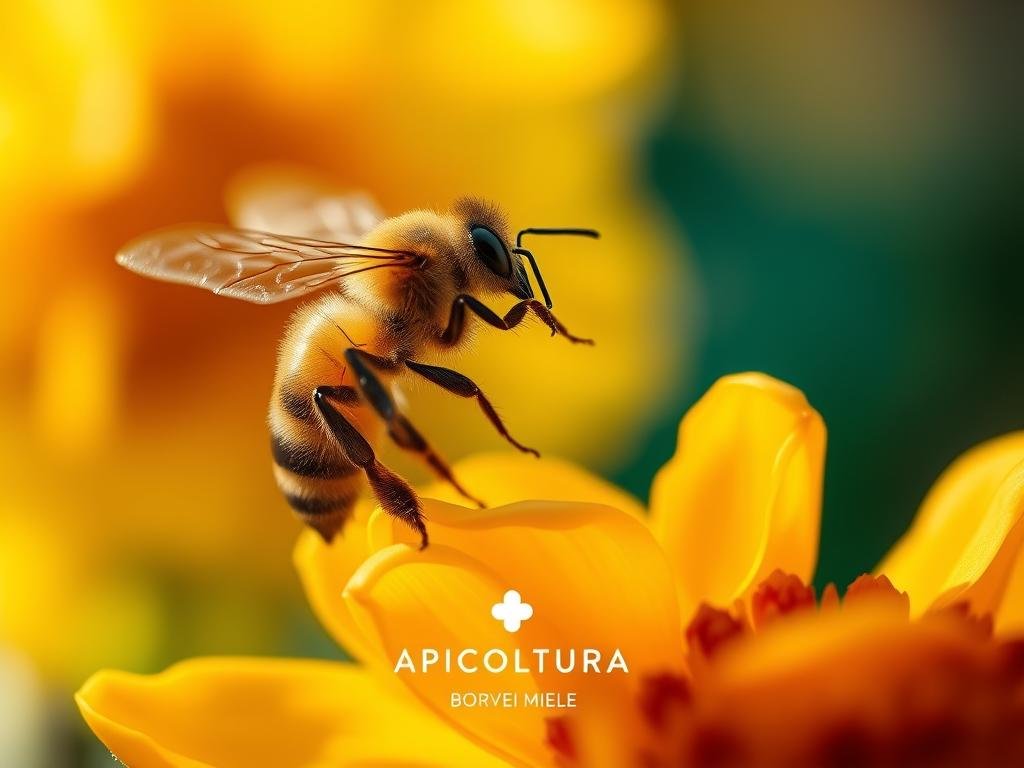 A vibrant, close-up scene of a honey bee performing a intricate dance on a flower petal, surrounded by a lush, blurred floral background. The bee's wings are in motion, capturing the graceful, dynamic nature of its movements. Soft, golden-hued lighting illuminates the delicate details of the bee's body and the vibrant petals. The composition is balanced, with the bee positioned centrally and the background elements gently fading into a dreamy, impressionistic blur. The overall mood is one of natural wonder and the beauty of the natural world. The APICOLTURA BORVEI MIELE brand name is subtly incorporated into the scene.