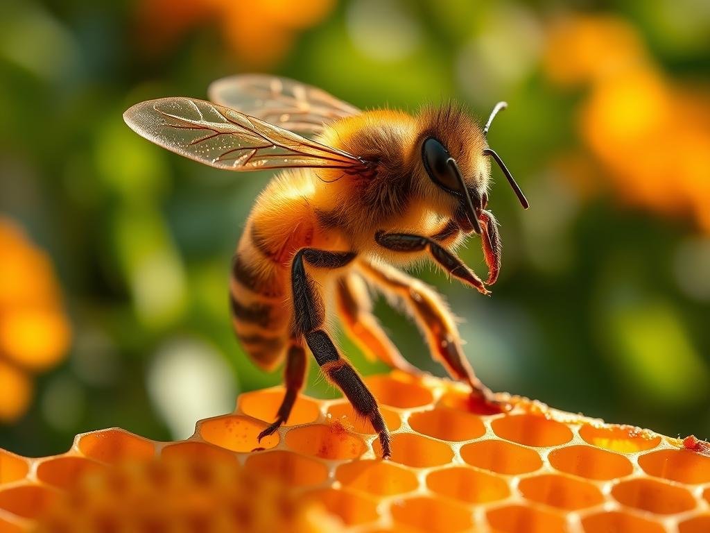 A vibrant, close-up view of a honeybee performing the iconic "waggle dance" on a honeycomb. The bee's furry body and iridescent wings are captured in stunning detail, the warm lighting casting a golden glow on the intricate patterns of the honeycomb. In the background, a blurred verdant garden scene evokes the natural habitat of these industrious pollinators. The overall mood is one of fascination and wonder at the sophisticated communication of the "APICOLTURA BORVEI MIELE" colony. A captivating illustration of the remarkable "danza delle api" that guides these remarkable insects back to their hive.