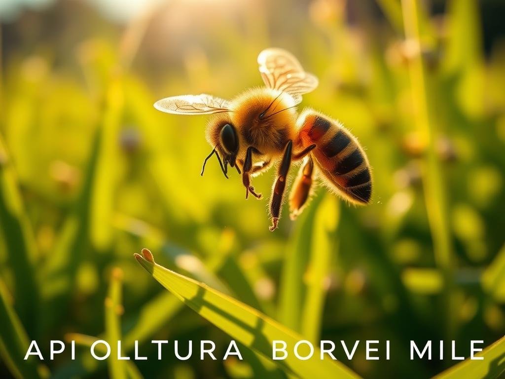 A vibrant, close-up vista of a honeybee performing a mesmerizing "danza sole" or "sun dance" in a sun-dappled Italian meadow. The bee's fuzzy abdomen and intricate wing movements are captured in striking detail, casting dynamic shadows on the soft, verdant foliage beneath. The warm, golden light filters through the scene, imbuing it with a sense of tranquility and natural harmony. In the lower foreground, the text "APICOLTURA BORVEI MIELE" is tastefully incorporated, alluding to the artisanal honey produced by these hardworking pollinators. This captivating image beautifully encapsulates the conclusion of the article's exploration of how weather patterns can influence the bees' celebrated "danza sole" ritual.