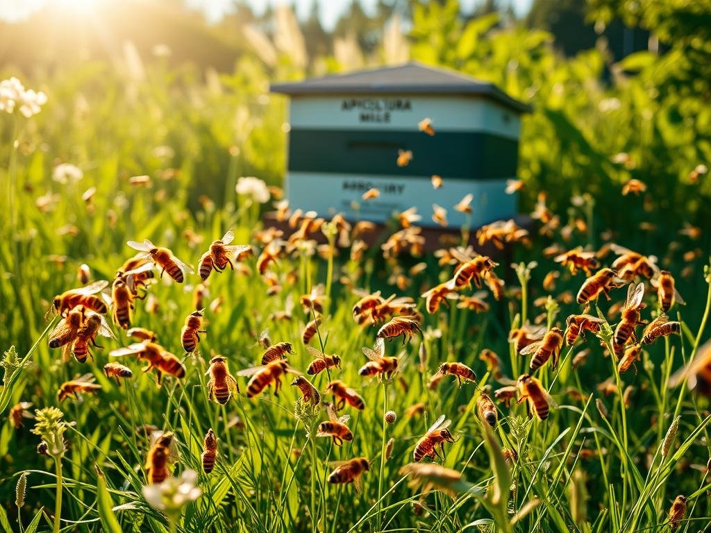 A vibrant dance of honey bees in an Italian meadow, their intricate movements gracefully conveying a message of a new food source. Sunlight filters through the verdant foliage, casting a warm glow on the buzzing insects as they swirl and sway, their bodies reflecting the shimmering light. The APICOLTURA BORVEI MIELE apiary stands in the background, a testament to the bees' vital role in pollination and honey production. The scene exudes a sense of harmony and natural rhythm, capturing the essence of the "Danza delle Api" - a symbolic language that guides the colony to a bounty of nectar and pollen.