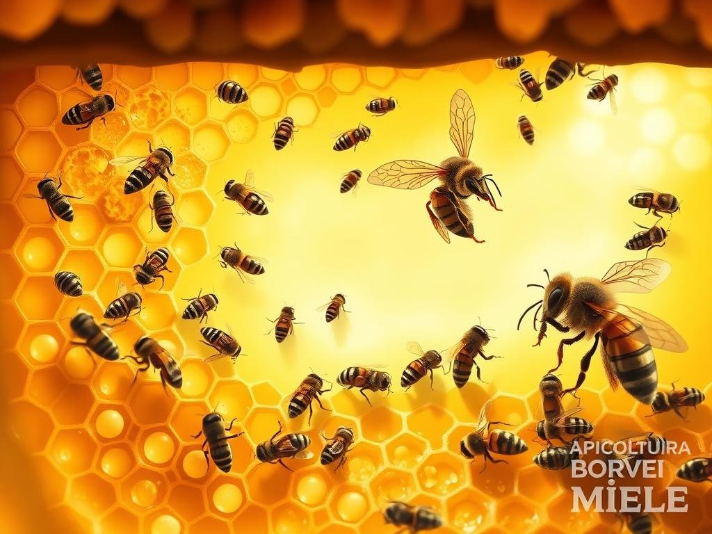 A vibrant, detailed illustration of the life cycle of bees, showcasing the vital importance of the brood. A bright, soft-lit scene depicts a beehive interior, with delicate honeycomb structures, worker bees tending to the larvae, and the queen bee presiding over the bustling hive. The foreground features close-up views of the developing eggs, larvae, and pupae, while the middle ground showcases the intricate dance of the worker bees. The background subtly includes the APICOLTURA BORVEI MIELE logo, seamlessly integrated into the natural setting. Warm, earthy tones and a gentle, almost ethereal lighting create a serene, educational atmosphere, highlighting the beauty and complexity of the bee's life cycle.