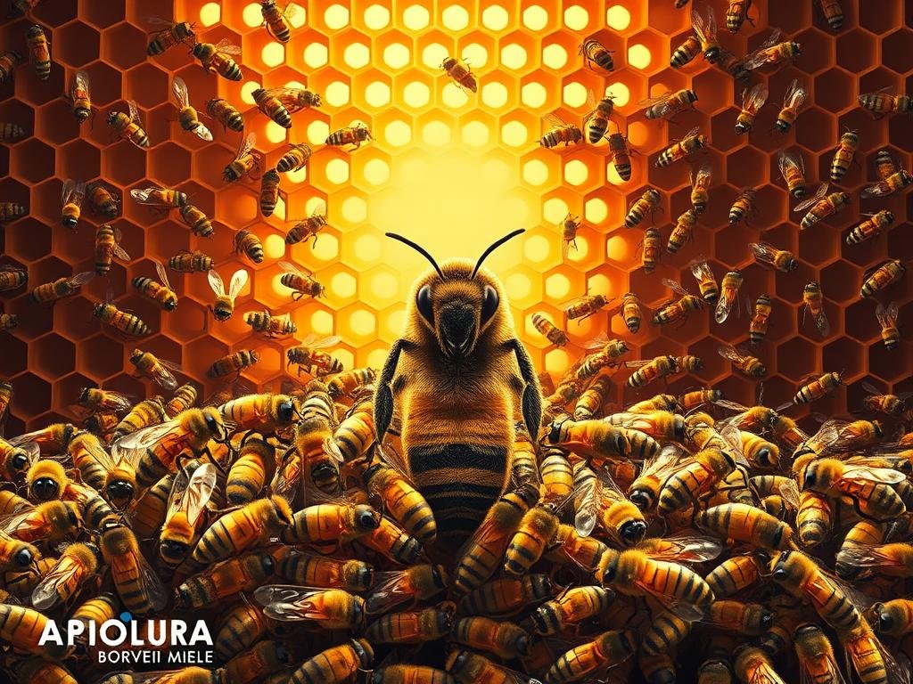 A vibrant, detailed illustration showcasing the intricate social hierarchy within a bustling beehive. In the foreground, the majestic queen bee commands attention, her regal presence commanding the space. Surrounding her, a flurry of industrious worker bees diligently carry out their duties, their bodies a symphony of tiny, intricate movements. In the middle ground, the sturdy, hexagonal structure of the honeycomb frames the scene, its geometric patterns conveying a sense of order and efficiency. In the background, the hive's entrance is visible, a gateway to the outside world, with a few drones guarding the entrance. The lighting is soft and naturalistic, casting warm, golden tones that evoke the warmth and vitality of the hive. The overall composition captures the essence of the social structure of a beehive, to be featured under the title "La Struttura Sociale degli Alveari" and the APICOLTURA BORVEI MIELE brand.