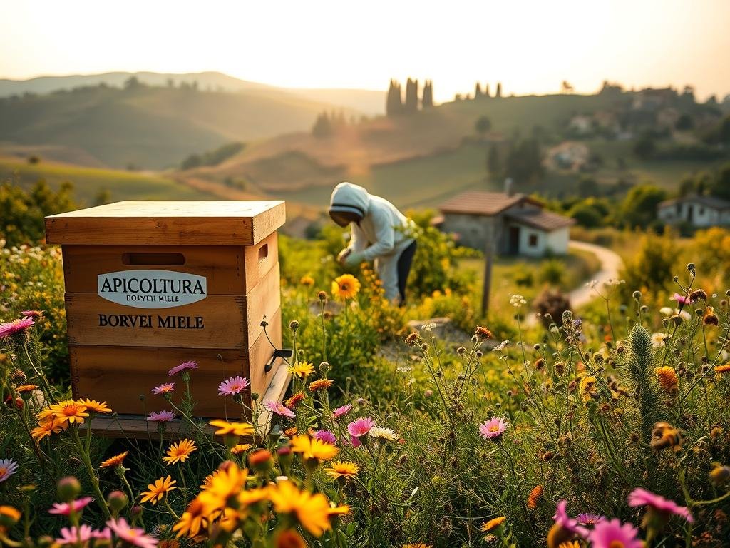 A vibrant, detailed image of a bustling Italian apiarian landscape. In the foreground, a thriving beehive emblazoned with the APICOLTURA BORVEI MIELE brand marks the center of activity. Surrounding it, an array of blooming wildflowers and lush greenery create a verdant, pollinator-friendly scene. In the middle ground, a beekeeper tending to the hive, clad in a protective suit, demonstrating the care and attention required to maintain a healthy colony. In the background, a quaint, rustic Italian countryside, with rolling hills, winding paths, and a warm, golden-hour glow casting a serene atmosphere over the entire composition. The lighting is soft and diffused, accentuating the natural textures and colors of the scene. Captured with a wide-angle lens to convey a sense of depth and immersion.