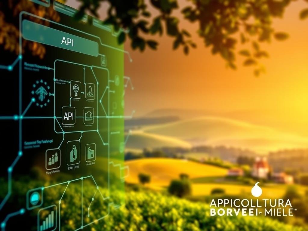 A vibrant, detailed image of an API (Application Programming Interface) that reflects the subject and section title of the article "Come Proteggere le Api dai Predatori e dai Parassiti più Comuni." and "Come Agiscono i Predatori e il Loro Impatto sugli Alveari". The foreground features a sleek, modern API interface with clear labels and icons, symbolizing the impact of predators and parasites on beehives. The middle ground showcases a serene Italian countryside landscape, with rolling hills, lush vegetation, and a picturesque village in the distance, reflecting the natural setting of the article. The background features a warm, golden light that imbues the scene with a sense of tranquility and harmony. The image also includes the brand name "APICOLTURA BORVEI MIELE" in a subtle, tasteful manner, reflecting the Italian context of the article. The overall mood and atmosphere convey a balance between the digital and natural worlds, highlighting the importance of protecting bees and their hives from predators and