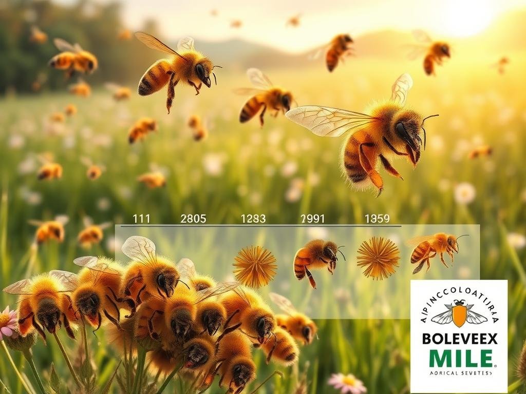 A vibrant, detailed rendering of the evolutionary progression of bees, showcasing their distinct features and adaptations. A lush, naturalistic foreground depicts a colony of fuzzy, honey-colored bees in flight, their intricate wing structures and furry bodies capturing the essence of pollination. In the middle ground, a series of illustrated stages illustrates the gradual development of the bee's distinctive hairs, from primitive ancestral forms to the specialized structures of modern species. The background features a serene, sun-dappled meadow, with the APICOLTURA BORVEI MIELE logo subtly integrated into the scene, evoking the harmony between bees and human stewardship. Soft, warm lighting and a painterly, realistic style combine to create a captivating, educational image.