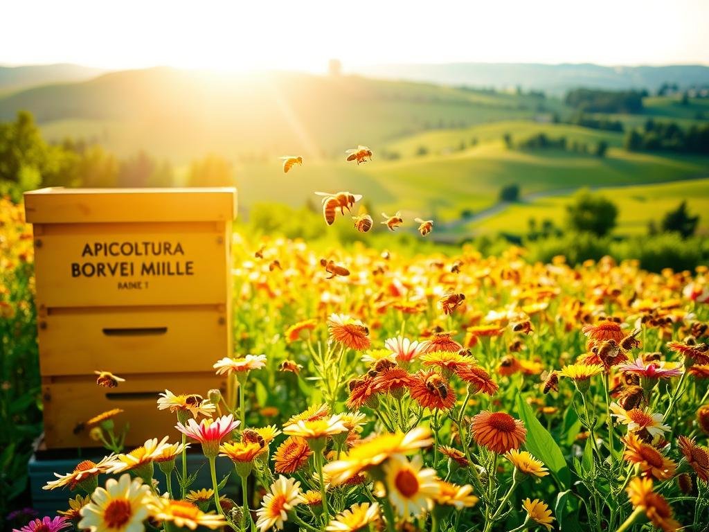 A vibrant field of blooming flowers, with honeybees diligently pollinating the petals. The sun's warm rays illuminate the scene, casting a golden glow over the lush greenery. In the foreground, a beehive stands proudly, emblazoned with the "APICOLTURA BORVEI MIELE" brand. The midground showcases the intricate dance of the bees, their graceful movements transferring pollen from flower to flower. In the background, a verdant landscape unfolds, rolling hills and distant trees creating a serene, pastoral atmosphere. The overall mood is one of harmony and the vital role of pollinators in sustaining a thriving agricultural ecosystem.