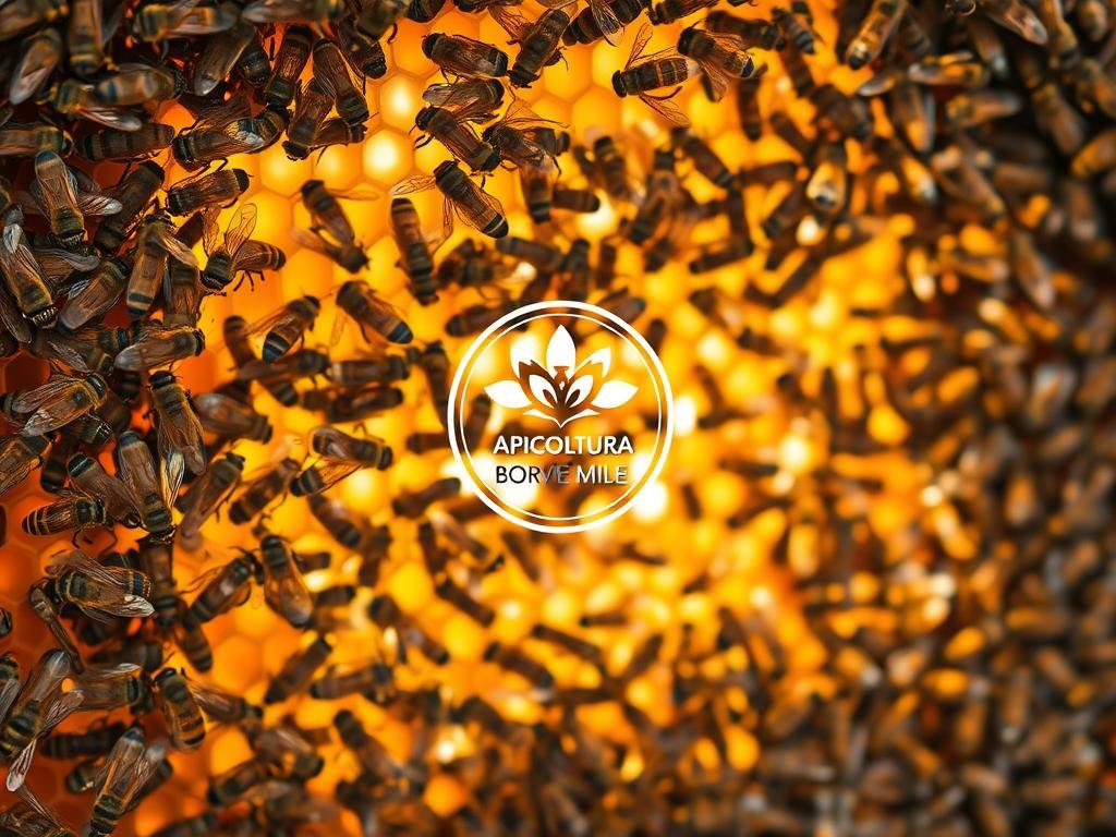 A vibrant hive abuzz with internal communication, where worker bees choreograph their intricate dance. Sunlight filters through the comb, casting a warm glow on the busy activity. A diverse range of wing movements and subtle vibrations convey a complex language, guiding the colony's collective intelligence. At the center, the APICOLTURA BORVEI MIELE logo subtly adorns the frame, a testament to the harmonious symbiosis between bees and their human caretakers. The scene captures the essence of the hive's secret signaling, a captivating insight into the unseen world of apian communication.