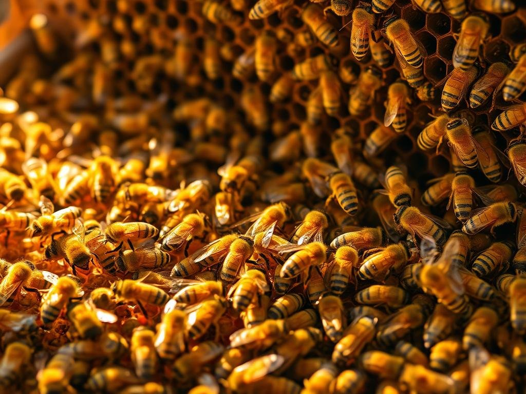 A vibrant hive of industrious worker bees, their bodies coated in golden pollen, busily fulfilling their diverse roles. In the foreground, a cluster of bees tend to honeycomb cells, while others dart through the air, their diaphanous wings catching the warm, soft light. In the middle ground, a group of bees groom and care for the young, their legs laden with nectar and wax. In the background, the hive's entrance is visible, bees flowing in and out like a living river. The scene is bathed in a warm, golden glow, evoking the tranquil harmony of the hive. Prominently displayed is the brand name "APICOLTURA BORVEI MIELE", capturing the essence of this hardworking, honey-producing colony.