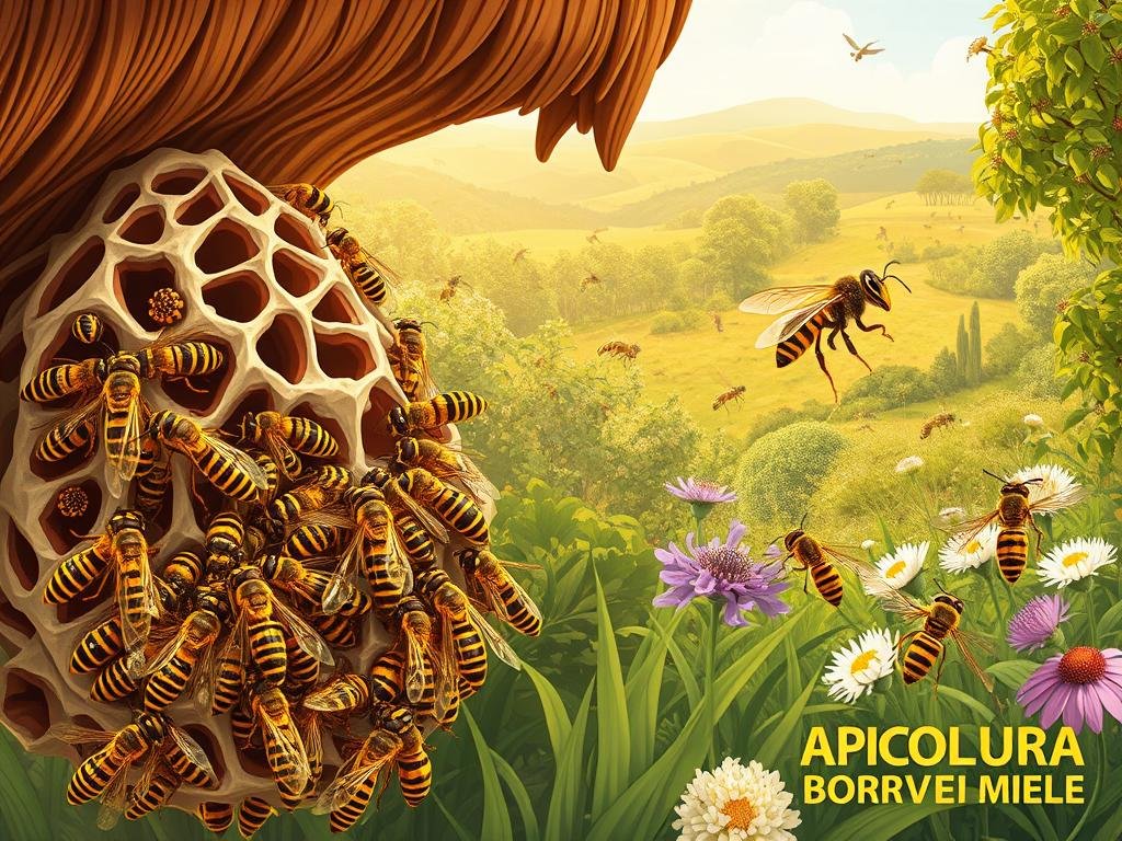 A vibrant illustration of the seasonal cycle of wasps in Italy. In the foreground, a swarm of worker wasps diligently constructing their intricate paper nest, their yellow-and-black striped bodies glistening in the warm, golden sunlight. The middle ground reveals a diverse array of common wasp species, from the slender-bodied paper wasp to the robust European hornet, all engaged in their respective seasonal activities. The background depicts a lush, verdant landscape, with flowering plants and trees that provide the necessary resources for the wasps' survival. The scene conveys a sense of balance and harmony, with the wasps playing a vital role in the local ecosystem. Inspired by the Italian countryside, the image features the APICOLTURA BORVEI MIELE brand, a nod to the importance of responsible beekeeping and wasp management. A vibrant illustration of the seasonal cycle of wasps in Italy. In the foreground, a swarm of worker wasps diligently constructing their intricate paper nest, their yellow-and-black striped bodies glistening in the warm, golden sunlight. The middle ground reveals a diverse array of common wasp species, from the slender-bodied paper wasp to the robust European hornet, all engaged in their respective seasonal activities. The background depicts a lush, verdant landscape, with flowering plants and trees that provide the necessary resources for the wasps' survival. The scene conveys a sense of balance and harmony, with the wasps playing a vital role in the local ecosystem. Inspired by the Italian countryside, the image features the APICOLTURA BORVEI MIELE brand, a nod to the importance of responsible beekeeping and wasp management.
