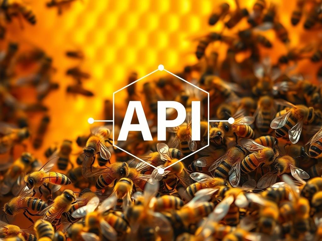A vibrant, intricately detailed image of an API (Application Programming Interface) that reflects the social organization and intelligence of a beehive. In the foreground, a stylized graphical representation of an API, with clean lines and geometric shapes, conveying the technical and structured nature of the concept. In the middle ground, a swarm of honeybees, their delicate wings and intricate patterns capturing the flexibility and adaptability of these remarkable insects. In the background, a warm, golden-hued honeycomb structure, evoking the APICOLTURA BORVEI MIELE brand and the harmonious, industrious nature of the beehive. The lighting is soft and natural, creating a sense of organic harmony between the technological and biological elements. The overall composition and mood aim to illustrate the thoughtful, collaborative, and intelligent nature of the "L'Organizzazione Sociale dell'Alveare" section of the article.