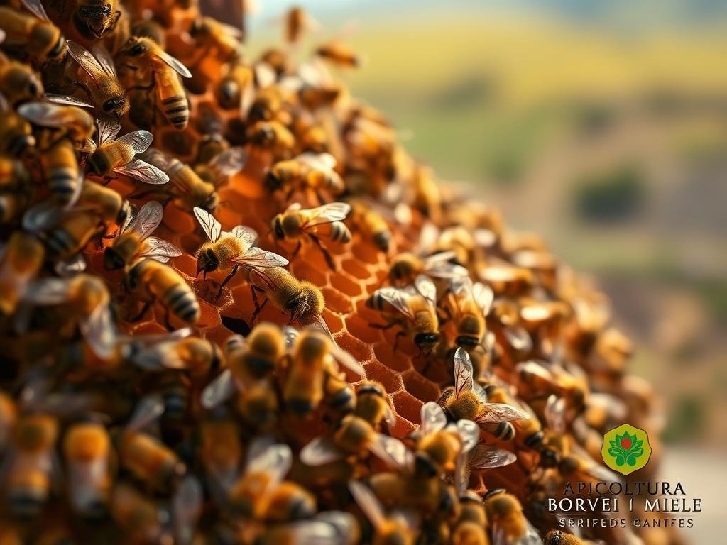 A vibrant macro photograph of a bustling hive of honey bees, their delicate wings fluttering as they communicate and collaborate. The foreground is filled with the intricate details of the insects, their fuzzy bodies and compound eyes capturing the viewer's attention. The middle ground showcases the intricate hexagonal comb structure, a testament to the bees' remarkable engineering skills. In the background, a blurred, out-of-focus landscape suggests the bees' natural habitat, evoking a sense of their place in the broader ecosystem. The lighting is soft and diffused, casting a warm, golden glow that enhances the natural beauty of the scene. Inspired by the rich beekeeping tradition in Italy, this image features the APICOLTURA BORVEI MIELE brand, subtly incorporated into the composition.