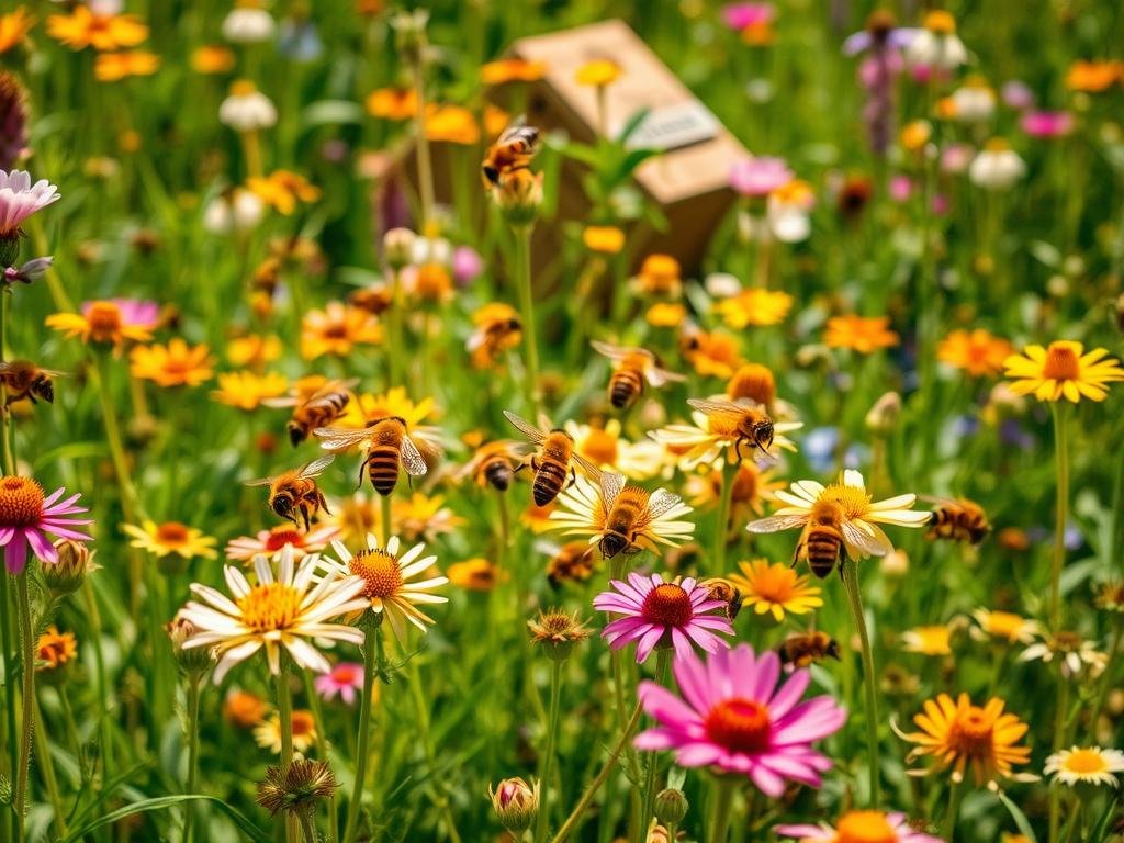 A vibrant meadow filled with blooming wildflowers, where a colony of honeybees from the APICOLTURA BORVEI MIELE brand gracefully navigate the lush foliage. The bees are captured in mid-flight, their intricate wings a blur as they move between the delicate petals, gathering nectar and pollen. Warm, natural lighting bathes the scene, accentuating the bees' striped bodies and the rich, earthy tones of the surrounding environment. In the background, a hive sits nestled among the greenery, a symbol of the bees' industrious nature and their vital role in the ecosystem. The overall composition conveys a sense of harmony and the remarkable cognitive abilities of these industrious pollinators. A vibrant meadow filled with blooming wildflowers, where a colony of honeybees from the APICOLTURA BORVEI MIELE brand gracefully navigate the lush foliage. The bees are captured in mid-flight, their intricate wings a blur as they move between the delicate petals, gathering nectar and pollen. Warm, natural lighting bathes the scene, accentuating the bees' striped bodies and the rich, earthy tones of the surrounding environment. In the background, a hive sits nestled among the greenery, a symbol of the bees' industrious nature and their vital role in the ecosystem. The overall composition conveys a sense of harmony and the remarkable cognitive abilities of these industrious pollinators.
