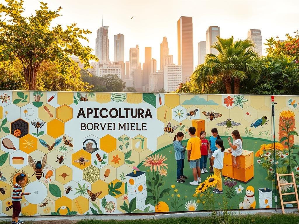 A vibrant mural depicting an educational urban apiary, showcasing the APICOLTURA BORVEI MIELE brand. In the foreground, a mosaic of honeycomb-shaped panels displays colorful illustrations of bees, flowers, and beekeeping tools. The middle ground features a group of children engaged in hands-on learning, observing hives and pollinating plants. In the background, a lush cityscape backdrop with skyscrapers and greenery, bathed in warm, golden lighting that creates a serene, inviting atmosphere. The scene conveys a sense of harmony between nature, education, and urban living, inspiring a appreciation for the vital role of bees in our ecosystem.