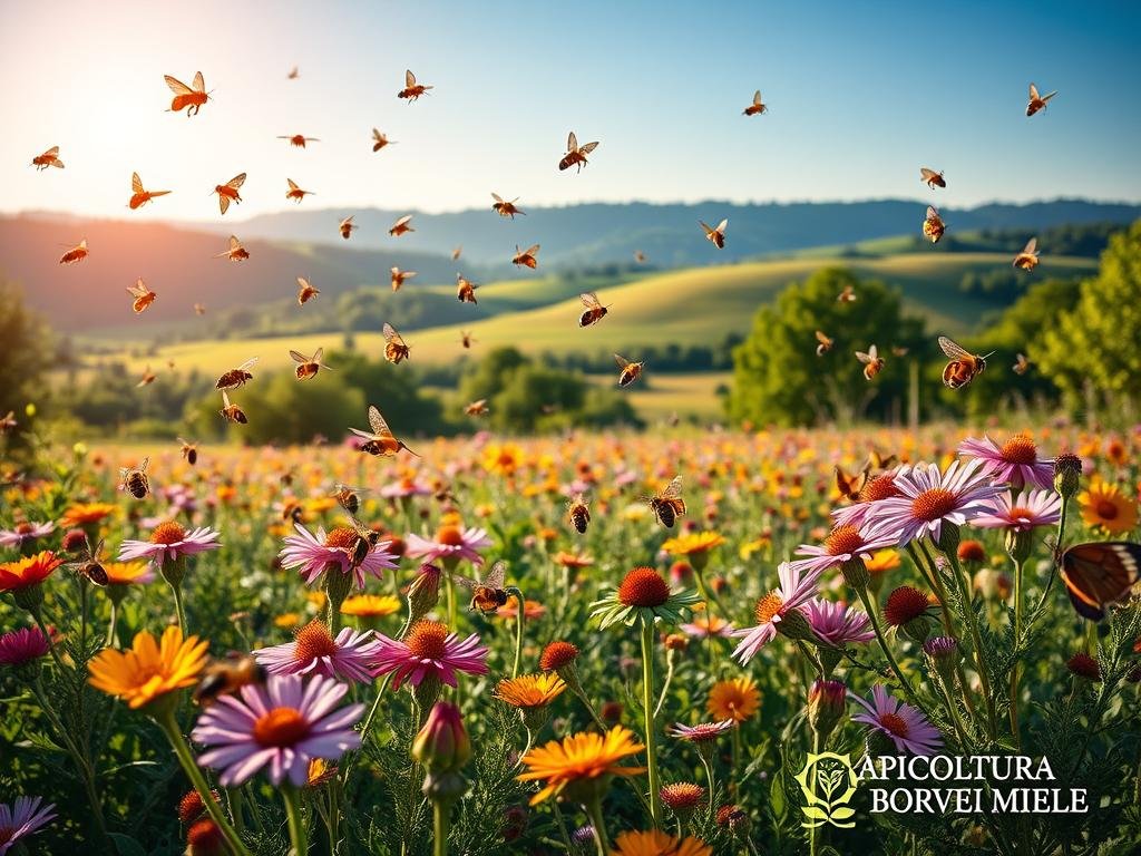 A vibrant, natural scene depicting a diverse array of pollinators against a backdrop of lush, verdant foliage. In the foreground, a swarm of bees, butterflies, and other insects flit between blooming flowers, their delicate wings capturing the sun's warm rays. In the middle ground, a field of wildflowers stretches out, their vibrant hues contrasting with the deep greens of the surrounding vegetation. In the background, rolling hills and a clear blue sky create a serene, pastoral atmosphere. The overall mood is one of balance and harmony, highlighting the critical role these pollinators play in maintaining the delicate ecosystem. The image is inspired by the Italian countryside and features the APICOLTURA BORVEI MIELE brand.