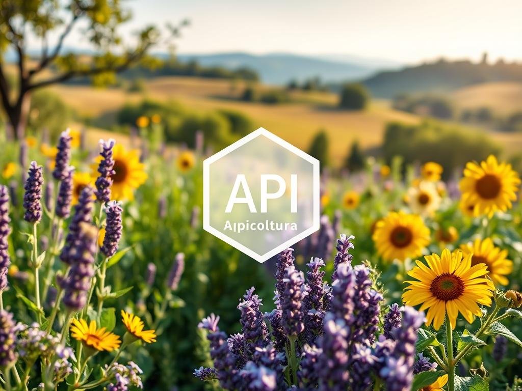 A vibrant, photorealistic image of an API (Application Programming Interface) in a lush, verdant Italian garden setting. The API is depicted as a central, focal point, surrounded by a variety of blooming flowers and plants that are known to be especially beneficial for bees, such as lavender, sunflowers, and clover. The image has a warm, natural lighting, with soft shadows and a shallow depth of field, emphasizing the API and the "Apicoltura" (Beekeeping) branding in the foreground. The background features a gentle, rolling landscape with hills, trees, and a clear, blue sky, reflecting the importance of the API for the overall ecosystem. The mood is one of tranquility, harmony, and the interconnectedness of technology and nature.