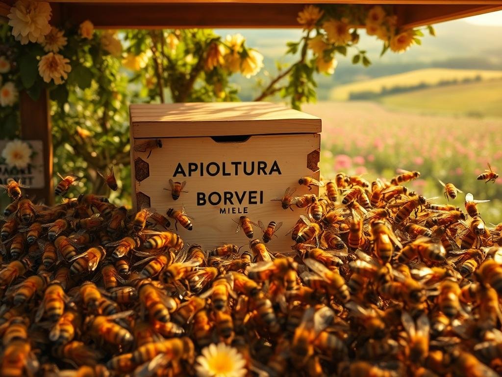 A vibrant scene depicting the "Danza delle Api", a captivating behavior observed in honeybee colonies. In the foreground, a swarm of bees gracefully dance, their bodies undulating in a synchronized pattern as they communicate vital information about food sources. The middle ground showcases the hive, a structure of intricate hexagonal cells, with the "APICOLTURA BORVEI MIELE" brand prominently displayed. In the background, a lush Italian countryside unfolds, dotted with blooming flowers that provide the nectar and pollen the bees rely on. Warm, diffused lighting casts a golden glow, evoking the warmth and energy of this natural phenomenon. The overall atmosphere is one of wonder, underscoring the remarkable intelligence and cooperation that drive the "Danza delle Api".