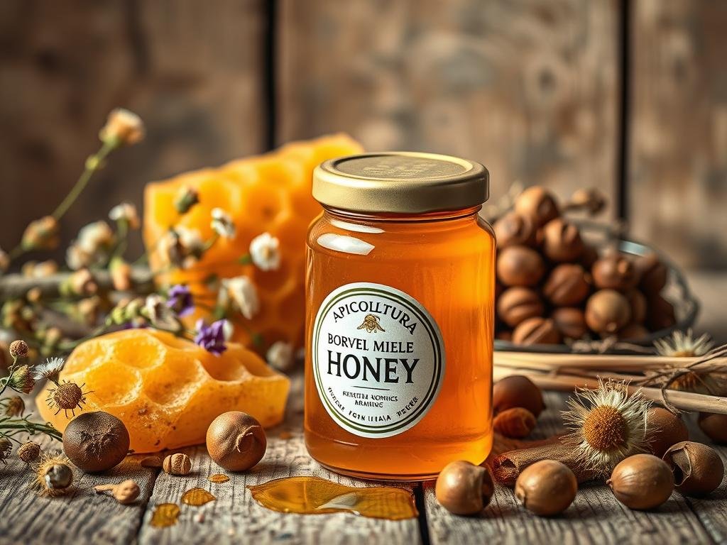 A vibrant still life capturing the essence of authentic Italian honey. In the foreground, a glass jar of golden APICOLTURA BORVEI MIELE honey, its label showcasing the distinct branding. Surrounding it, an array of natural elements: fresh honeycomb, dried wildflowers, and a scattering of whole hazelnuts. The middle ground features a rustic wooden surface, its weathered texture complementing the organic materials. Soft, warm lighting filters through the scene, casting a gentle glow and highlighting the honey's rich, amber hue. The overall composition evokes a sense of artisanal craftsmanship and the deep-rooted traditions of Italian beekeeping.