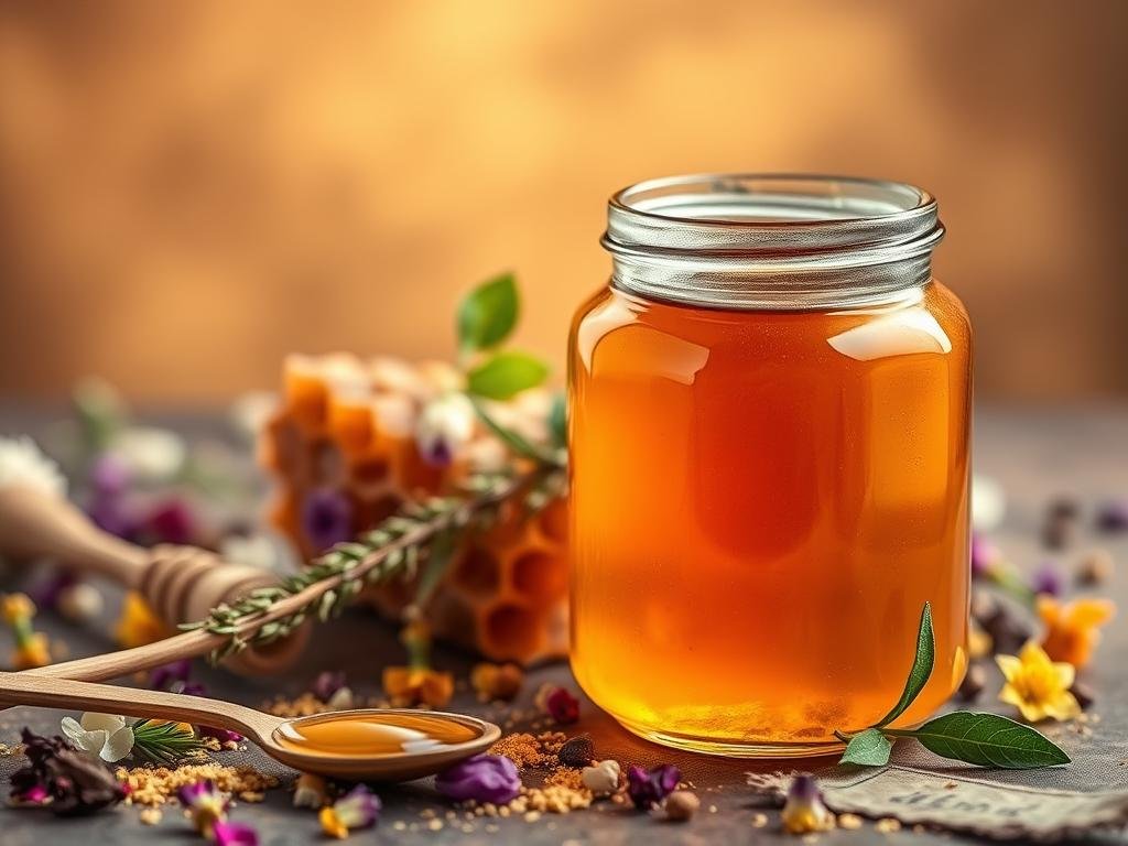 A vibrant still life showcasing the distinct properties of APICOLTURA BORVEI MIELE, capturing the essence of the article's section "Proprietà Organolettiche e Nutrizionali a Confronto (350 parole)". In the foreground, a glass jar filled with the rich, golden hue of the monofloral honey, its viscous texture glistening under soft, natural lighting. Surrounding the jar, an array of complementary elements - a honeycomb, a sprig of herbs, and a vintage spoon, all arranged with a sense of intentional elegance. In the middle ground, a scattering of dried flowers and leaves, hinting at the floral diversity that contributes to the miele millefiori's unique flavor profile. The background features a warm, earthy tone, lending a sense of rustic charm and Italian inspiration.