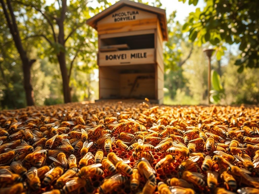 A vibrant, sun-dappled apiary teeming with activity. In the foreground, a cluster of honeybees communicate through intricate dance patterns, their bodies a blur of golden-brown as they navigate the hive's intricate honeycomb structure. The middle ground reveals the industrious worker bees, their abdomens laden with pollen, tending to the larvae and honey stores. In the background, the majestic APICOLTURA BORVEI MIELE apiary stands tall, its weathered wooden structure a testament to the centuries-old tradition of beekeeping. Warm, diffused lighting bathes the scene, creating a sense of harmony and industrious cooperation within the hive.