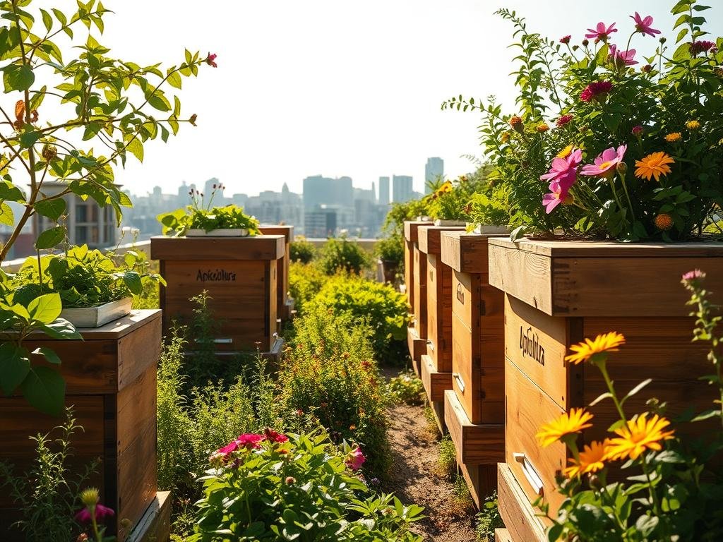 A vibrant, sun-dappled urban rooftop garden, brimming with lush greenery and blooming flowers. In the foreground, several wooden beehives adorned with the "Apicoltura" brand stand proudly, their inhabitants buzzing with activity. The middle ground features a variety of thriving plants, including aromatic herbs and vibrant wildflowers, attracting a diverse array of pollinators. In the background, the cityscape peeks through, a harmonious blend of modern architecture and verdant foliage. The scene is bathed in warm, golden light, creating a serene and inviting atmosphere that captures the essence of urban beekeeping. The composition is crisp, well-balanced, and showcases the beauty and sustainability of this practice. A vibrant, sun-dappled urban rooftop garden, brimming with lush greenery and blooming flowers. In the foreground, several wooden beehives adorned with the "Apicoltura" brand stand proudly, their inhabitants buzzing with activity. The middle ground features a variety of thriving plants, including aromatic herbs and vibrant wildflowers, attracting a diverse array of pollinators. In the background, the cityscape peeks through, a harmonious blend of modern architecture and verdant foliage. The scene is bathed in warm, golden light, creating a serene and inviting atmosphere that captures the essence of urban beekeeping. The composition is crisp, well-balanced, and showcases the beauty and sustainability of this practice.