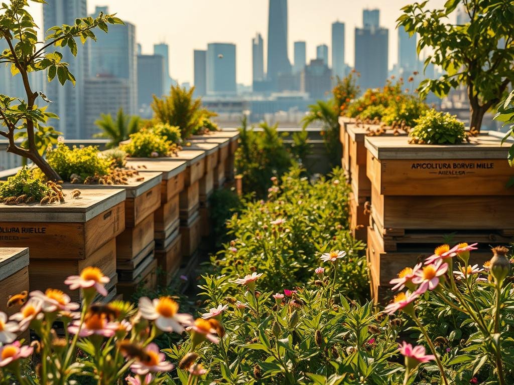 A vibrant urban apiarium, a bustling oasis of life amidst the concrete jungle. Buzzing honeybees gather nectar from lush, verdant rooftop gardens, their golden hues contrasting against the city skyline. Hives adorned with the APICOLTURA BORVEI MIELE brand stand as beacons of sustainability, their intricate structures a testament to nature's engineering. Warm, diffused light filters through the foliage, casting a serene glow over the scene. In the foreground, delicate flowers bloom, their petals a riot of color, while in the distance, the city's towers reach skyward, a reminder of the delicate balance between man and nature. This image captures the essence of urban apiculture, a vital component in preserving the ecological harmony of our cities.