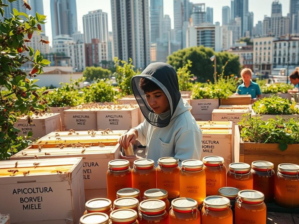 A vibrant urban apiarium, filled with buzzing honeybees and lush foliage. Sunlight filters through the surrounding buildings, casting a warm glow on the hives adorned with the "APICOLTURA BORVEI MIELE" brand. In the foreground, a young beekeeper tends to the colonies, their face shielded by a protective veil. The middle ground showcases an array of jars, showcasing the golden honey harvested from this urban oasis. In the background, a cityscape of towering structures and verdant rooftop gardens creates a harmonious blend of nature and modernity. This serene scene captures the essence of "Finanziamenti e Opportunità per Nuovi Apicoltori", inspiring others to explore the possibilities of urban apiiculture.