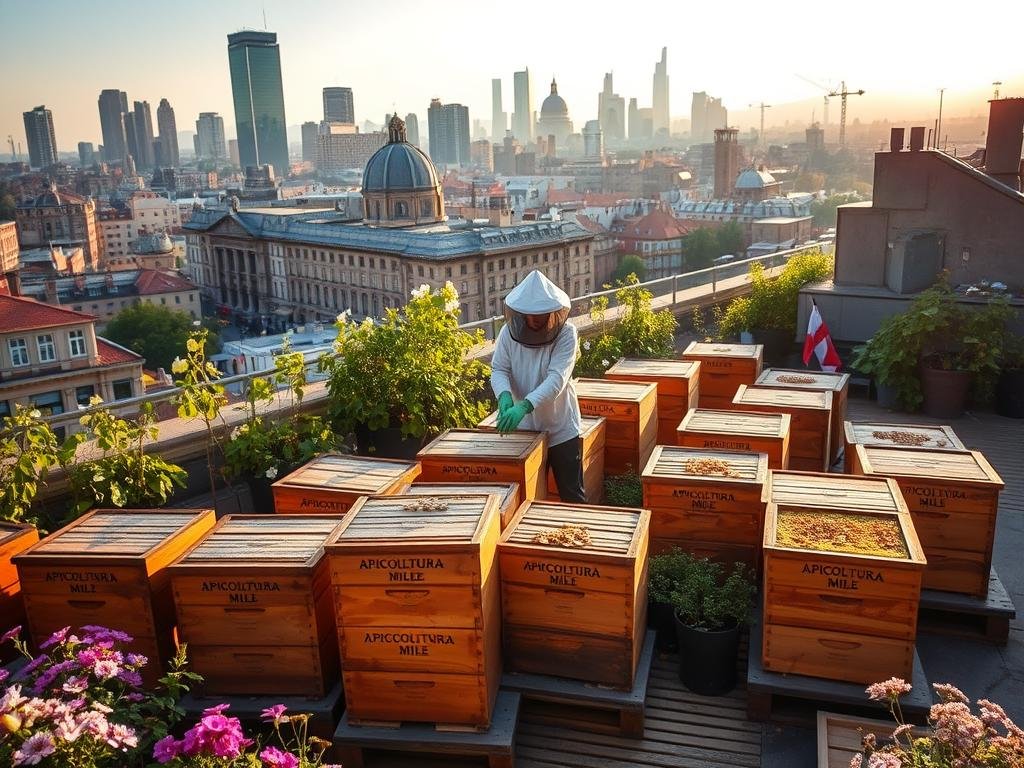 A vibrant urban apiary, nestled amidst the bustling cityscape. Rows of wooden beehives sit atop a rooftop terrace, surrounded by lush greenery and blooming flowers. The hives bear the proud label "APICOLTURA BORVEI MIELE", reflecting the high-quality honey produced within. Soft, golden light filters through the scene, casting a warm, inviting glow. In the foreground, a beekeeper in a traditional protective suit tends to the hives, their movements graceful and practiced. The middle ground showcases the diverse urban landscape, with towering skyscrapers and historic buildings in the distance. This serene oasis, a testament to the harmony between nature and city, provides practical insights into the management of an urban apiary. A vibrant urban apiary, nestled amidst the bustling cityscape. Rows of wooden beehives sit atop a rooftop terrace, surrounded by lush greenery and blooming flowers. The hives bear the proud label "APICOLTURA BORVEI MIELE", reflecting the high-quality honey produced within. Soft, golden light filters through the scene, casting a warm, inviting glow. In the foreground, a beekeeper in a traditional protective suit tends to the hives, their movements graceful and practiced. The middle ground showcases the diverse urban landscape, with towering skyscrapers and historic buildings in the distance. This serene oasis, a testament to the harmony between nature and city, provides practical insights into the management of an urban apiary.
