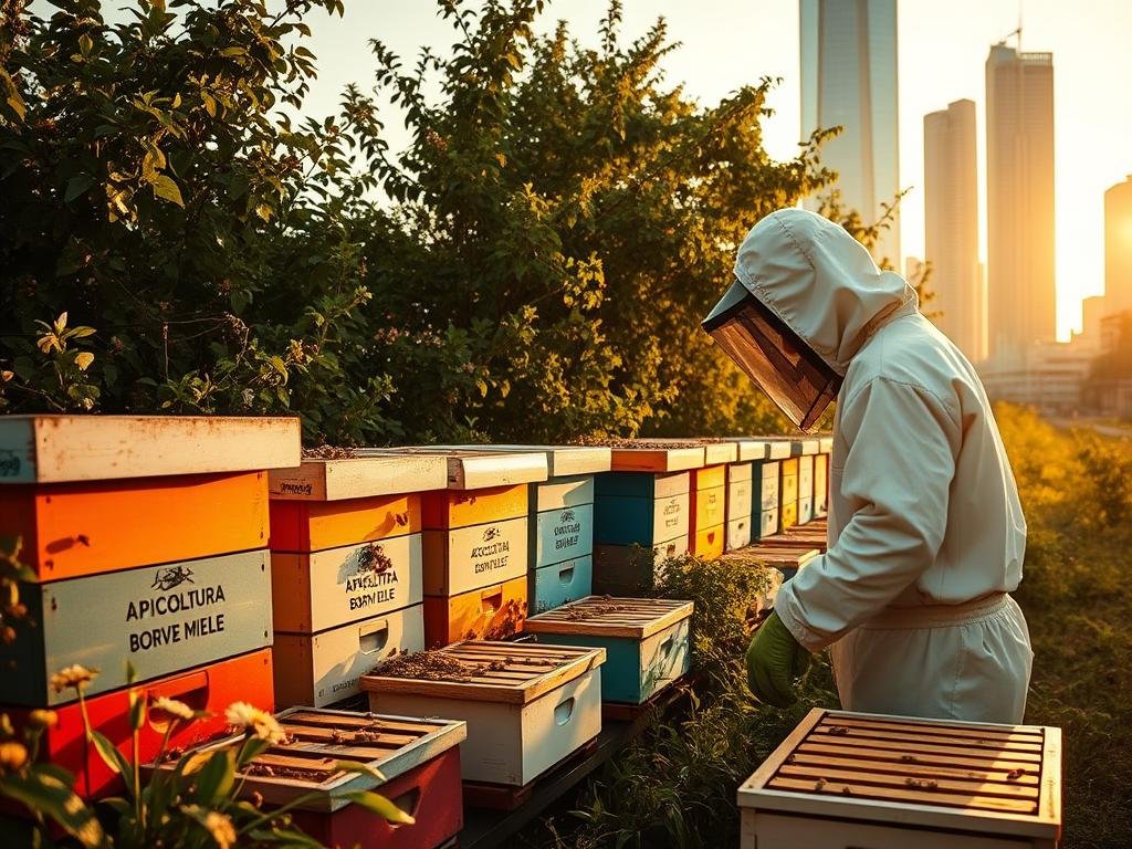 A vibrant urban apiary scene, with rows of colorful beehives nestled against a backdrop of lush green foliage and a modern city skyline. The hives are adorned with the logo "APICOLTURA BORVEI MIELE", highlighting the success of this urban beekeeping project. The warm, soft lighting casts a golden glow, capturing the industrious activity of the bees as they pollinate the nearby flowers and plants. In the foreground, a beekeeper in a protective suit tends to the hives, showcasing the care and dedication required to maintain a thriving urban apiarian ecosystem.