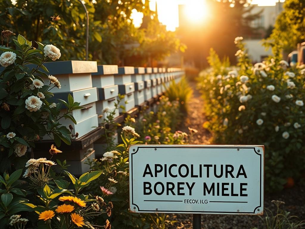A vibrant urban apiary, with rows of modern beehives nestled amidst verdant foliage. The sun casts a warm glow, illuminating the pollinators as they flit between blooming flowers. In the foreground, a sign proudly displays the brand name "APICOLTURA BORVEI MIELE", reflecting the thriving urban beekeeping movement. The scene evokes a sense of harmony between nature and the city, showcasing the potential for sustainable honey production in urban environments. A vibrant urban apiary, with rows of modern beehives nestled amidst verdant foliage. The sun casts a warm glow, illuminating the pollinators as they flit between blooming flowers. In the foreground, a sign proudly displays the brand name "APICOLTURA BORVEI MIELE", reflecting the thriving urban beekeeping movement. The scene evokes a sense of harmony between nature and the city, showcasing the potential for sustainable honey production in urban environments.