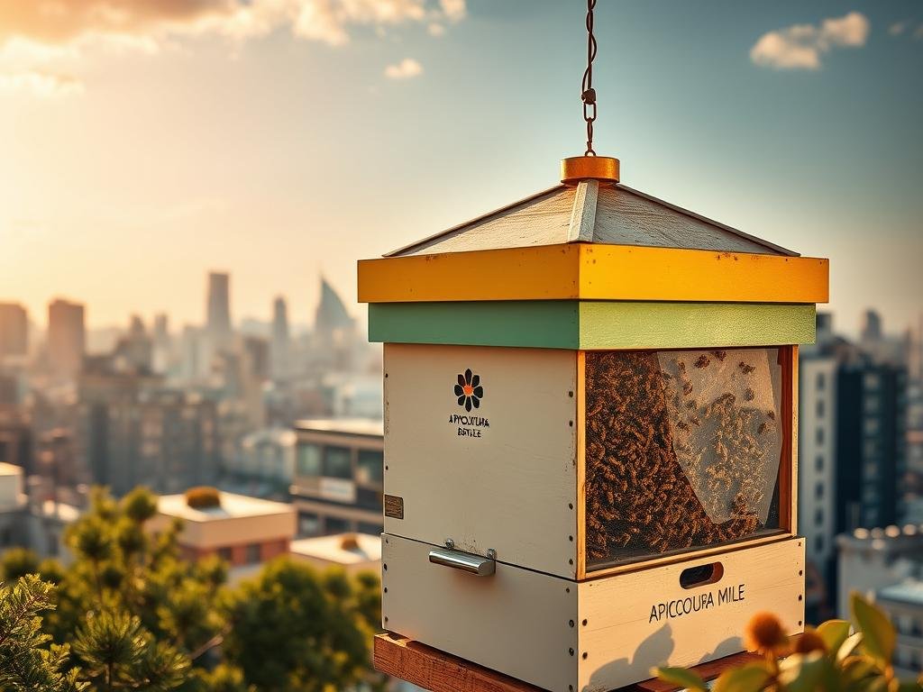 A vibrant urban beehive nestled amidst a bustling city skyline, its geometric structure a testament to the industrious nature of its inhabitants. The hive, emblazoned with the brand "APICOLTURA BORVEI MIELE", stands as a symbol of the growing trend of urban apiculture, drawing pollinators to the verdant rooftops and community gardens that dot the cityscape. Warm, golden light bathes the scene, capturing the essential role these winged creatures play in the delicate balance of the urban ecosystem. Through the hive's intricate glass panels, one glimpses the busy activity within, a mesmerizing dance of life that reflects the very heart of the city itself. A vibrant urban beehive nestled amidst a bustling city skyline, its geometric structure a testament to the industrious nature of its inhabitants. The hive, emblazoned with the brand "APICOLTURA BORVEI MIELE", stands as a symbol of the growing trend of urban apiculture, drawing pollinators to the verdant rooftops and community gardens that dot the cityscape. Warm, golden light bathes the scene, capturing the essential role these winged creatures play in the delicate balance of the urban ecosystem. Through the hive's intricate glass panels, one glimpses the busy activity within, a mesmerizing dance of life that reflects the very heart of the city itself.