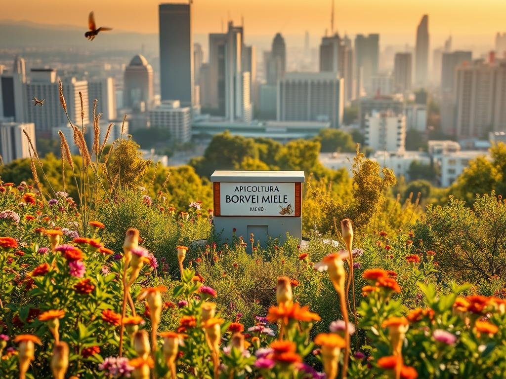 A vibrant, urban landscape with a lush, verdant foreground featuring a diverse array of flowering plants and shrubs, capturing the essence of "miele urbano." In the middle ground, a small apiary with the brand name "APICOLTURA BORVEI MIELE" prominently displayed, surrounded by a bustling city skyline in the background, bathed in warm, golden sunlight. The scene conveys a sense of harmony between nature and the modern urban environment, reflecting the biodiversity and high-quality honey production found in this unique setting. A vibrant, urban landscape with a lush, verdant foreground featuring a diverse array of flowering plants and shrubs, capturing the essence of "miele urbano." In the middle ground, a small apiary with the brand name "APICOLTURA BORVEI MIELE" prominently displayed, surrounded by a bustling city skyline in the background, bathed in warm, golden sunlight. The scene conveys a sense of harmony between nature and the modern urban environment, reflecting the biodiversity and high-quality honey production found in this unique setting.