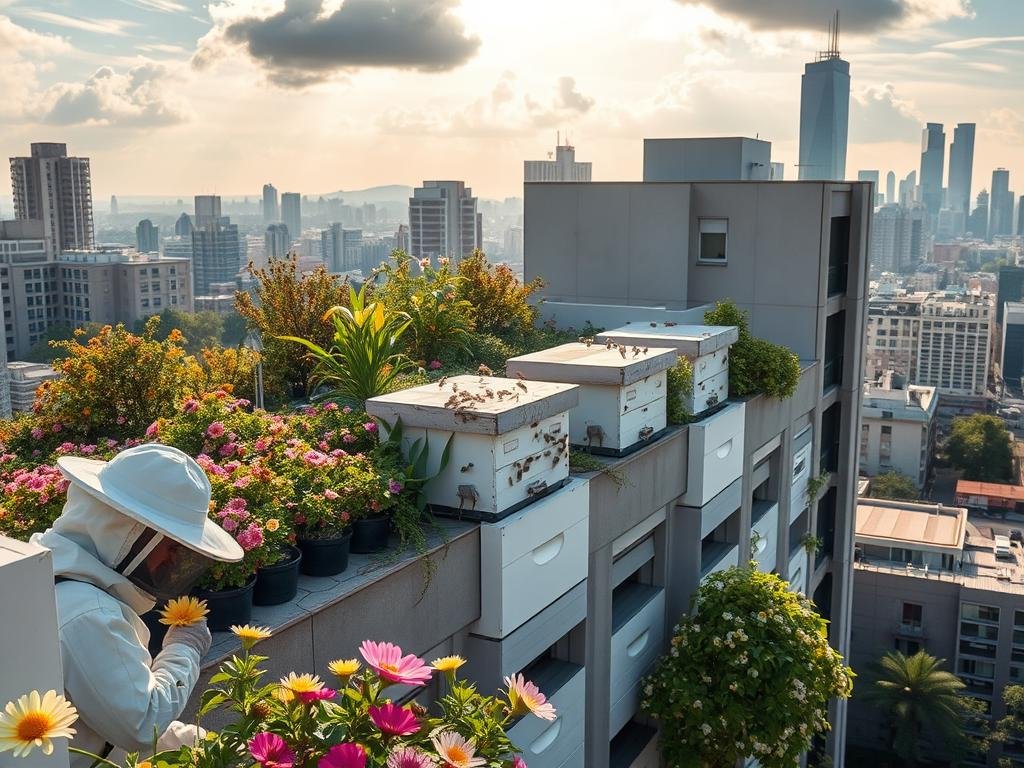 A vibrant urban landscape with a thriving APICOLTURA BORVEI MIELE apiary situated atop a modern apartment building. The rooftop garden is a lush oasis, filled with blooming flowers and lush greenery that attract a bustling colony of honeybees. Sunlight filters through wispy clouds, casting a warm glow over the scene. In the foreground, a beekeeper tends to the hives, clad in a protective suit. The middle ground showcases the apiary's sleek, minimalist design, blending seamlessly with the urban architecture. In the background, the city skyline rises, a testament to the growing trend of urban beekeeping. A vibrant urban landscape with a thriving APICOLTURA BORVEI MIELE apiary situated atop a modern apartment building. The rooftop garden is a lush oasis, filled with blooming flowers and lush greenery that attract a bustling colony of honeybees. Sunlight filters through wispy clouds, casting a warm glow over the scene. In the foreground, a beekeeper tends to the hives, clad in a protective suit. The middle ground showcases the apiary's sleek, minimalist design, blending seamlessly with the urban architecture. In the background, the city skyline rises, a testament to the growing trend of urban beekeeping.