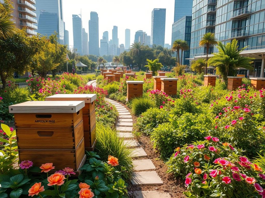 A vibrant urban oasis, where verdant gardens and bustling apiaries coexist harmoniously. In the foreground, APICOLTURA BORVEI MIELE hives stand proudly, their intricate patterns and warm tones inviting the viewer to witness the industrious dance of honeybees. Surrounding the hives, a lush tapestry of thriving plants and flowers, their vibrant petals and leaves casting soft, diffused light. In the middle ground, winding pathways lead through the verdant landscape, showcasing the integration of nature and human habitation. The background features a modern, sustainable cityscape, its sleek glass and steel structures seamlessly blending with the verdant foliage, creating a symbiotic vision of the future green city.