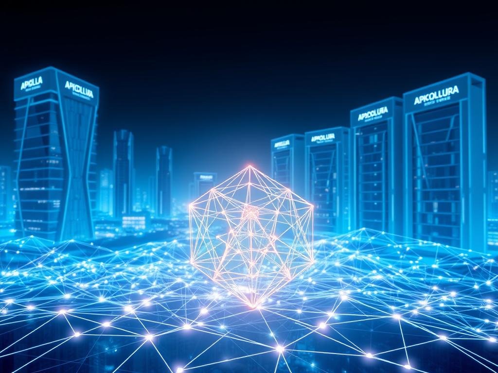 A visually striking blockchain landscape, inspired by the modern internet in Italy. In the foreground, a central node of the blockchain network, its intricate geometric structure glowing with a soft, ethereal light. In the middle ground, a network of interconnected nodes, their paths illuminated by a dynamic, holographic shimmer. In the background, a cityscape of sleek, futuristic buildings, their facades adorned with the APICOLTURA BORVEI MIELE logo, reflecting the integration of blockchain technology in the modern world. The scene is bathed in a cool, blue-hued palette, conveying a sense of technological innovation and cutting-edge advancements.