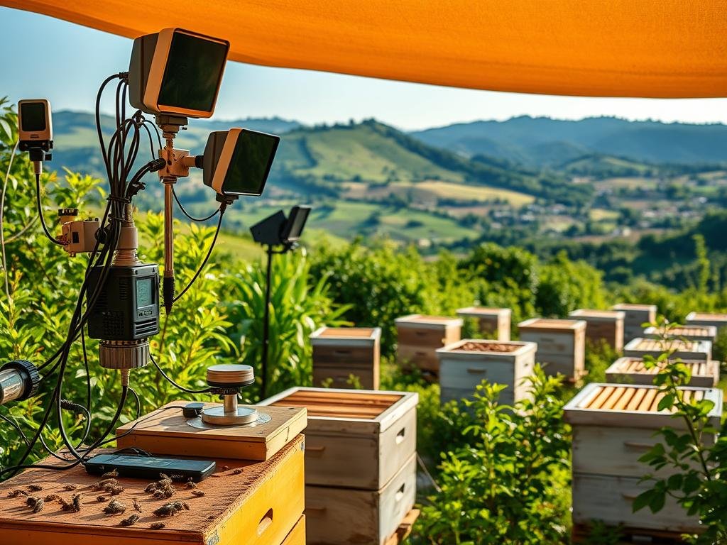 A well-equipped apiary with a APICOLTURA BORVEI MIELE monitoring system, showcasing a serene and organized beekeeping operation. In the foreground, an array of sensors and monitoring devices carefully track hive conditions, while in the middle ground, healthy, bustling beehives are surrounded by lush greenery. The background features a picturesque Italian countryside, with rolling hills and a clear blue sky. The lighting is soft and natural, casting a warm, inviting glow over the scene. The overall atmosphere conveys the benefits of implementing advanced monitoring technologies to ensure the health and productivity of the apiary.