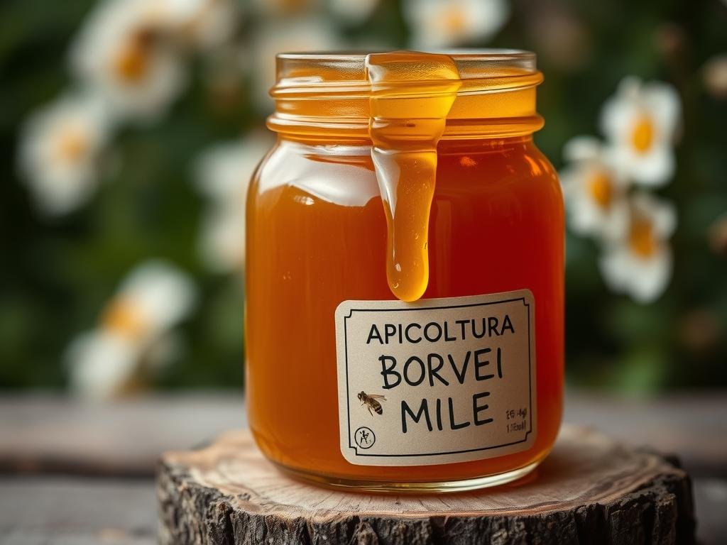 A well-lit, close-up photograph of a transparent glass jar filled with thick, viscous honey. The honey has a rich, golden hue and appears to be actively dripping and flowing within the jar. The jar is placed on a rustic wooden surface, with a simple label that reads "APICOLTURA BORVEI MIELE" prominently displayed. The background is a soft, out-of-focus natural setting, hinting at the lush, flowering plants that contributed to the production of this conventional honey. The overall scene conveys a sense of quality, craftsmanship, and the natural origins of this traditional Italian honey.
