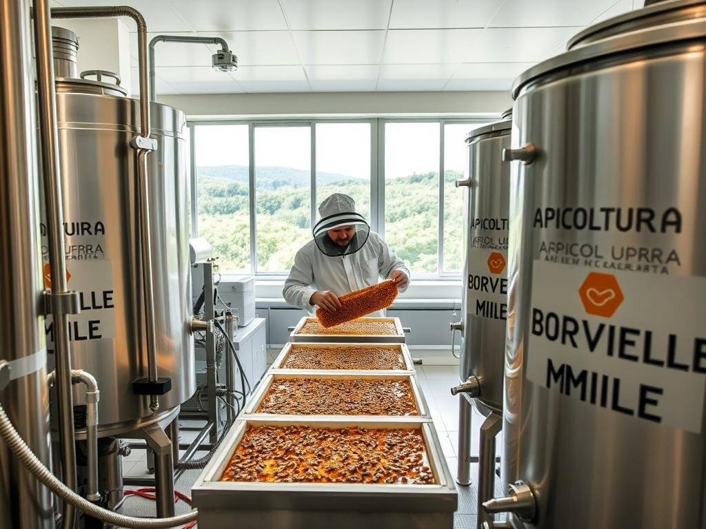A well-lit, detailed interior scene of a modern honey processing laboratory. The foreground features stainless steel equipment, hoses, and large storage tanks labeled with the brand "APICOLTURA BORVEI MIELE". In the middle ground, a beekeeper in protective gear is tending to a row of honeycomb-filled frames. The background shows large windows overlooking a lush, green landscape. The lighting is bright and even, giving a sense of cleanliness and professionalism. The overall atmosphere conveys the precision and care required for honey extraction and processing, in line with regional regulations.