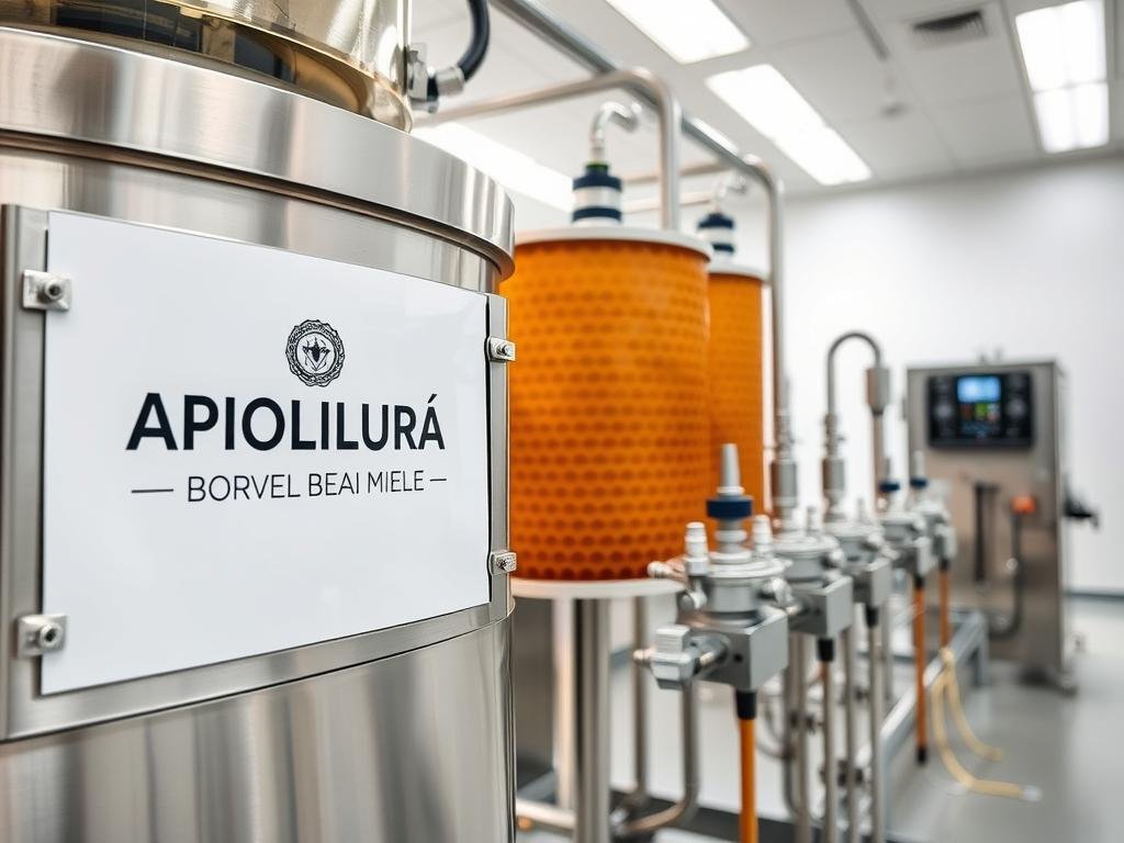 A well-lit, high-resolution image of a modern honey extraction system, showcasing the APICOLTURA BORVEI MIELE brand. The foreground features a sleek, stainless steel honey extractor with clear glass panels, allowing a view of the inner workings. The middle ground depicts a series of hoses and valves, conveying the efficient automation of the honey extraction process. In the background, a clean, minimalist laboratory setting with white walls and efficient lighting, emphasizing the technological and hygienic approach to honey production. The overall composition conveys a sense of precision, innovation, and economic viability in the honey industry. A well-lit, high-resolution image of a modern honey extraction system, showcasing the APICOLTURA BORVEI MIELE brand. The foreground features a sleek, stainless steel honey extractor with clear glass panels, allowing a view of the inner workings. The middle ground depicts a series of hoses and valves, conveying the efficient automation of the honey extraction process. In the background, a clean, minimalist laboratory setting with white walls and efficient lighting, emphasizing the technological and hygienic approach to honey production. The overall composition conveys a sense of precision, innovation, and economic viability in the honey industry.