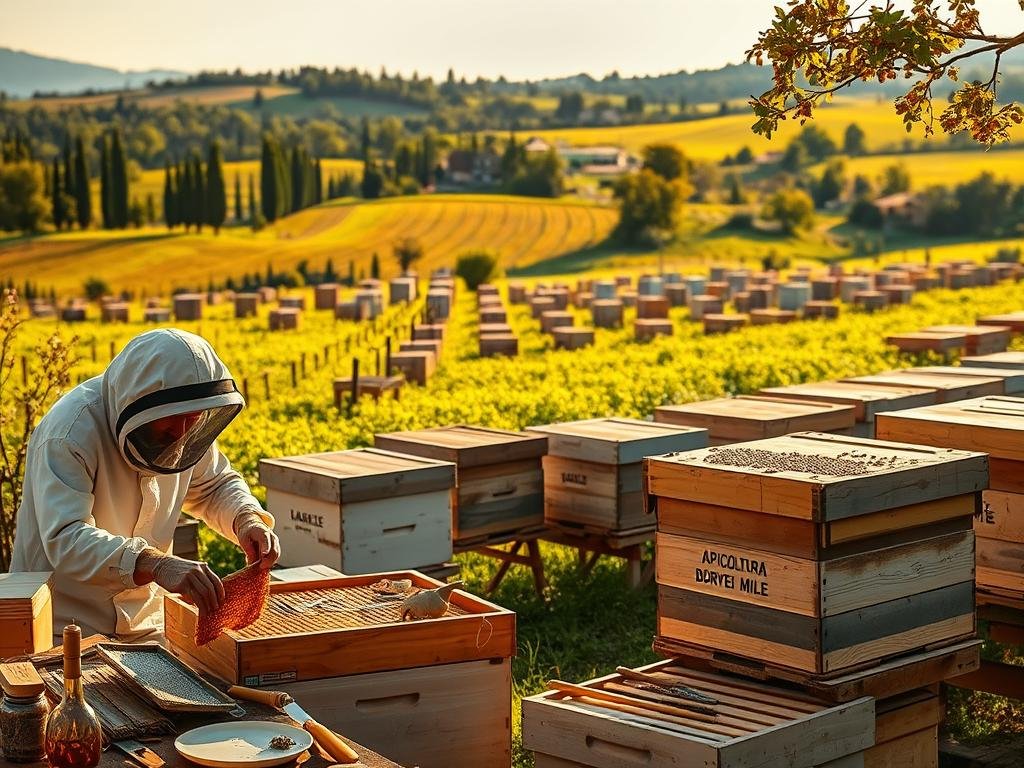 A well-organized apiary scene with a carefully composed layout. In the foreground, a beekeeper in protective gear tends to a honeycomb, surrounded by various beekeeping tools and equipment. In the middle ground, rows of traditional wooden beehives stand in a lush, verdant field, bathed in warm, golden sunlight. In the background, a picturesque Italian countryside landscape unfolds, with rolling hills, cypress trees, and a distant village. The overall mood is one of peaceful, rural serenity. The brand "APICOLTURA BORVEI MIELE" is prominently displayed on one of the beehives.
