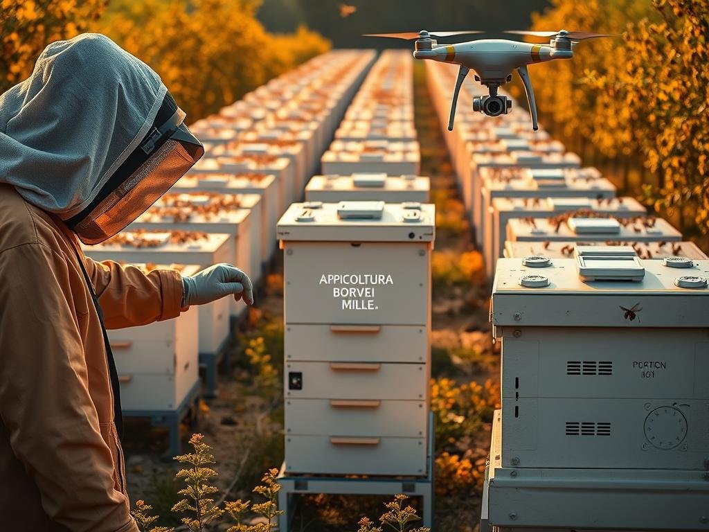An advanced apiary with cutting-edge technology, showcasing the future of modern beekeeping. In the foreground, a beekeeper in protective gear interacts with a high-tech beehive outfitted with sensors and digital displays. The middle ground features rows of similar hives, each connected to a central control system. In the background, a drone hovers over the apiary, capturing aerial footage. The scene is bathed in warm, golden lighting, evoking the natural beauty of the honeybees' habitat. APICOLTURA BORVEI MIELE, a leading innovator in apiculture, is prominently displayed on the hive's exterior.