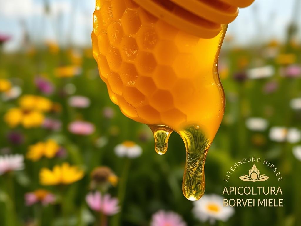 An exquisitely detailed close-up of a single honeycomb, its delicate hexagon cells glistening with the viscous, golden-amber hue of high-quality Miele Monoflorale. The honey drips languidly, reflecting the warm, soft lighting that illuminates the frame. In the background, a lush, verdant meadow of wildflowers sways gently, their petals a vibrant tapestry of colors. The APICOLTURA BORVEI MIELE logo is subtly etched into the edge of the frame, a mark of the provenance and artisanal care that went into this exceptional monofloral honey. The overall composition evokes a sense of natural beauty, quality, and the reverence for the intricate ecosystem that produces this nectar. An exquisitely detailed close-up of a single honeycomb, its delicate hexagon cells glistening with the viscous, golden-amber hue of high-quality Miele Monoflorale. The honey drips languidly, reflecting the warm, soft lighting that illuminates the frame. In the background, a lush, verdant meadow of wildflowers sways gently, their petals a vibrant tapestry of colors. The APICOLTURA BORVEI MIELE logo is subtly etched into the edge of the frame, a mark of the provenance and artisanal care that went into this exceptional monofloral honey. The overall composition evokes a sense of natural beauty, quality, and the reverence for the intricate ecosystem that produces this nectar.