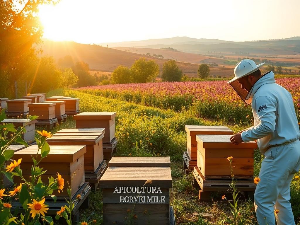 An idyllic Italian apiary, with rows of traditional wooden beehives nestled amidst lush greenery and a warm, golden glow from the sun. In the foreground, a beekeeper in a white suit tends to the hives, while in the background, a sprawling field of vibrant wildflowers stretches out. The scene captures the harmony between nature and the skilled hand of the natural beekeeper. Showcasing the brand "APICOLTURA BORVEI MIELE", this image reflects the artisanal, sustainable approach to beekeeping that distinguishes natural apiaries from industrialized honey production.